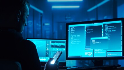 Computer Hacker in Hoodie. Obscured Dark Face. Concept of Hacker Attack, Virus Infected Software, Dark Web and Cyber Security.