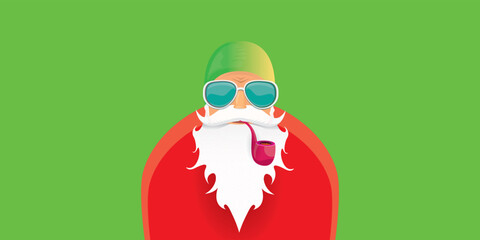 vector modern rock n roll santa claus with smoking pipe, santa beard and funky hat isolated on green christmas horizontal banner background with snowflakes. Horizontal Christmas hipster party poster