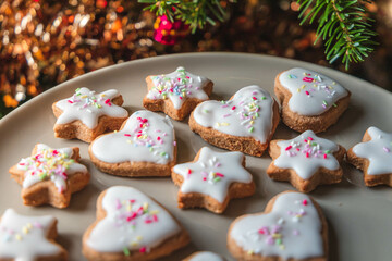 Christmas biscuits with a Christmas tree and snowman. White iced Christmas cookies in different sizes and shapes
