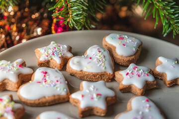 Christmas biscuits with a Christmas tree and snowman. White iced Christmas cookies in different sizes and shapes