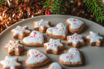 Christmas biscuits with a Christmas tree and snowman. White iced Christmas cookies in different sizes and shapes