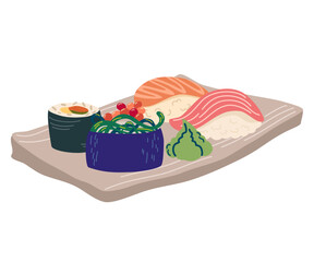 Sushi set. Asian Food. Perfect for restaurant cafe and print menus. Vector hand draw cartoon illustration.