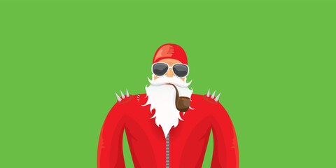 vector modern rock n roll santa claus with smoking pipe, santa beard and funky hat isolated on green christmas horizontal banner background with snowflakes. Horizontal Christmas hipster party poster