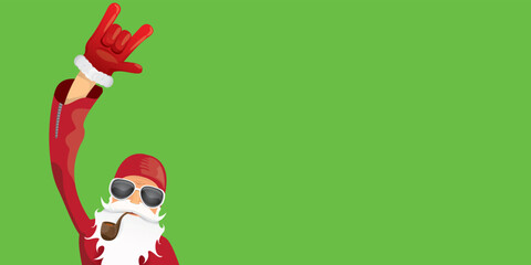 vector modern rock n roll santa claus with smoking pipe, santa beard and funky hat isolated on green christmas horizontal banner background with snowflakes. Horizontal Christmas hipster party poster