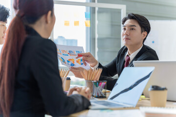 A group of young Asian businessmen Talking and planning work happily and have fun. at the company's office