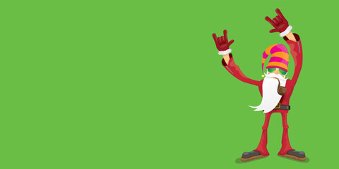vector modern rock n roll santa claus with smoking pipe, santa beard and funky hat isolated on green christmas horizontal banner background with snowflakes. Horizontal Christmas hipster party poster