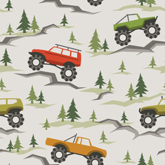 SUV off road cars seamless pattern with pines and stones. Endless fun cartoon texture for children fabric and fashion print. Vector background. © Алексей Панков