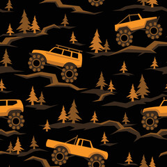 SUV off road cars seamless pattern with pines and stones. Endless fun cartoon texture for children fabric and fashion print. Vector background. © Алексей Панков