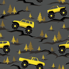 SUV off road cars seamless pattern with pines and stones. Endless fun cartoon texture for children fabric and fashion print. Vector background. © Алексей Панков