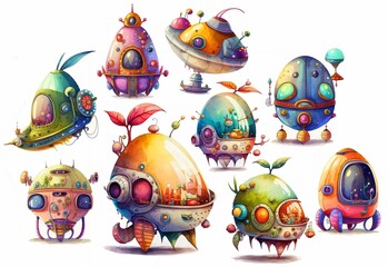 Set of cartoon aliens spaceship, sci-fi, ufo illustration, isolated on white
