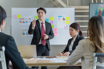 A group of young Asian businessmen Talking and planning work happily and have fun. at the company's office
