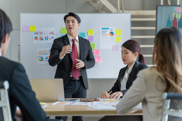 A group of young Asian businessmen Talking and planning work happily and have fun. at the company's office