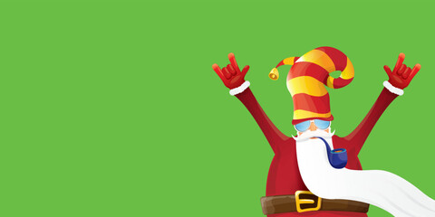 Naklejka premium vector modern rock n roll santa claus with smoking pipe, santa beard and funky hat isolated on green christmas horizontal banner background with snowflakes. Horizontal Christmas hipster party poster