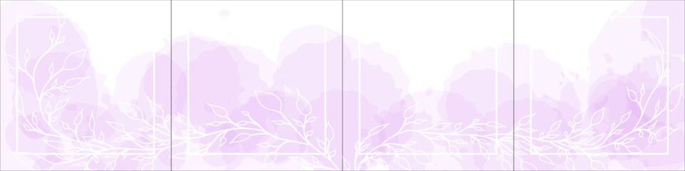 Set of elegant luxury pink purple watercolor background for Instagram, Social Media Post, Banner, Microblog, Carousel Template. Watercolor splash and white frame. 4 square sections 1:1. Vector, eps10