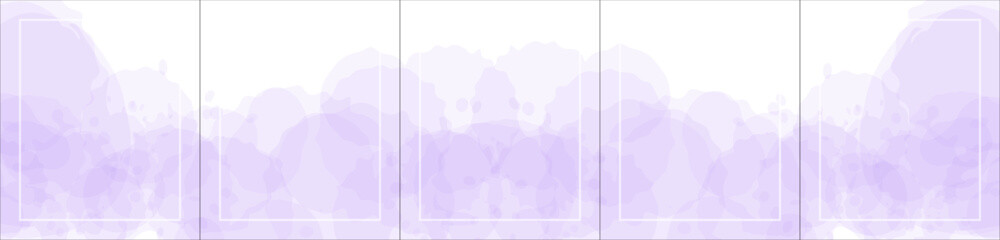 Set of elegant luxury purple watercolor background for Instagram, Social Media Post, Banner, Microblog, Carousel Template. Watercolor splash and white frame. 5 vertical sections 4:5. Vector, eps10.