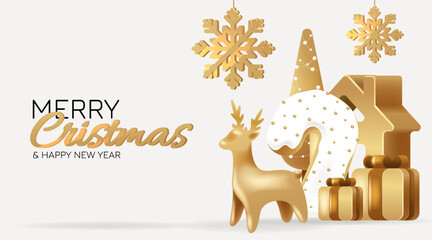 Marry Christmas and New Year banner. Xmas gold tree. Candy cane from cookies, golden gifts box, fawn and snowflake