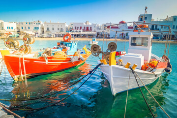 colorful fishing boats of Mykonos island, Greece, toned - obrazy, fototapety, plakaty