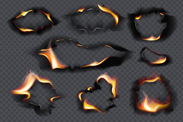 Collection of burnt faded holes piece burned paper realistic fire flame. Black paper burn in vintage style on transparent background.