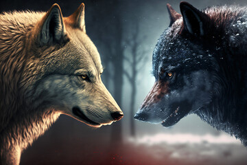 closeup of two wolves aggressive look into each other's eyes, wolf versus wolf, wolf vs wolf, opposite, generative ai