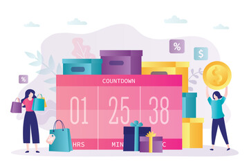 Seasonal sale rush. Online retail. Countdown to special offer in store. Shopaholic holds golden coin. Happy woman with shopping bags. Funny female characters. Black friday, discount concept