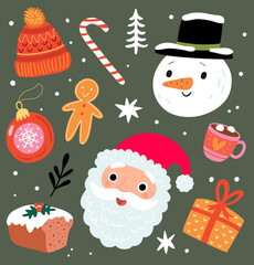 Christmas holiday set of vector symbols. Santa, snowman and elements