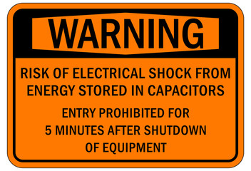 Electrical hazard warning sign and labels risk of electrical shock from energy stored in capacitors