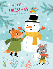 Christmas card. Fox, mouse and snowman.