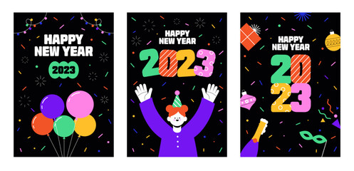 Happy new year. Merry joyful woman rejoicing at festive winter party. Colorful 2023 celebration. Poster, cover, greeting card, media post template, Modern style. Trendy design flat vector illustration