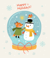 Christmas card. Fox and snowman. A toy. Snowball. - 553749727