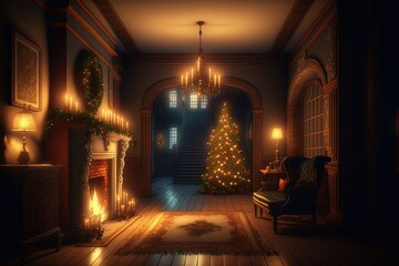 Christmas vibe house interior, holiday night AI art