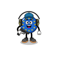 Character mascot of europe flag doing shooting range
