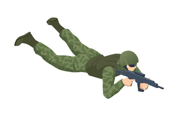 Isometric Special Forces Soldier Police, Swat Team Member. Army Soldier in Protective Combat Uniform holding Special Operations Forces Combat Assault Rifle. Army, military, people