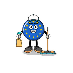 Character mascot of europe flag as a cleaning services