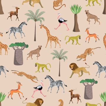 African animals. Lion, cheetah, zebra, antelope, hyena, giraffe. Seamless pattern.