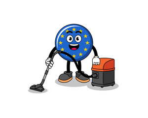 Character mascot of europe flag holding vacuum cleaner