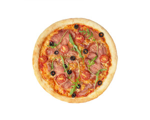 Pizza with prosciutto, tomatoes and cheese on a white background