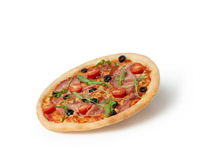 Pizza with prosciutto, tomatoes and cheese on a white background