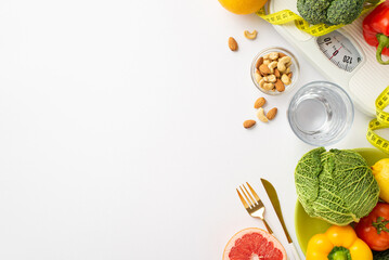 Dieting concept. Top view photo of tape measure glass of water vegetables cabbage tomato pepper grapefruit almond cashew nuts scales fork and knife on isolated white background with copyspace