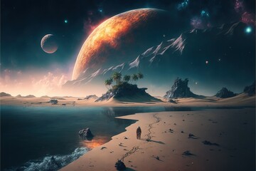 moon over the sea, unreal landscape in space