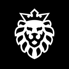 Lion head with crown logo on a dark background. Vector illustration.