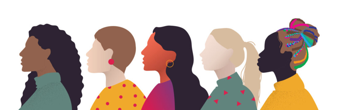 concept of strong woman power, diversity and inclusion, equality, empowerment. illustration of abstract head profile female silhouette. colorful background for international women's day. 