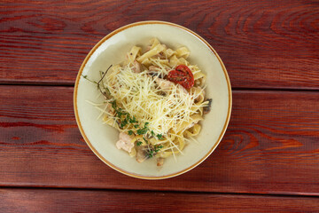 Spaghetti Carbonara on a wooden table