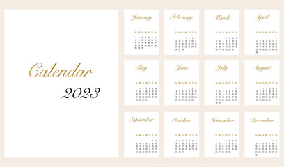 Calendar 2023. Set of 12 pages. Minimalist style. Golden inscriptions. Vector illustration.