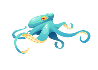 Blue cute octopus cartoon vector illustration. Sea animal. Hand lettering text.