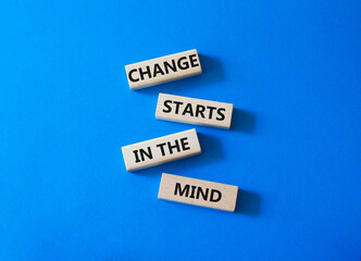 Change starts in the mind symbol. Concept words Change starts in the mind on wooden blocks. Beautiful blue background. Business and Change starts in the mind concept. Copy space