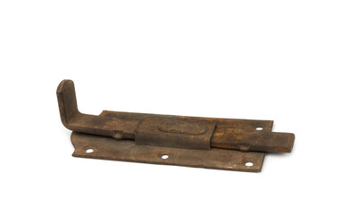 Old rusty latch for a barn on a white