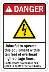 Overhead power lines sign and labels unlawful to operate this equipment withing ten feet of overhead high voltage