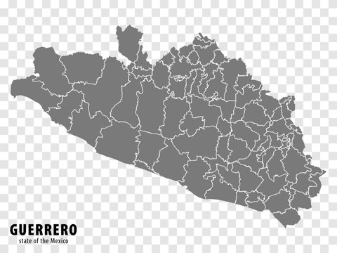 State Guerrero of Mexico map on transparent background. Blank map of  Guerrero with  regions in gray for your web site design, logo, app, UI. Mexico. EPS10.