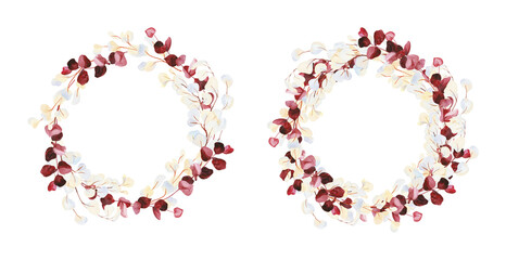 Field herbs, hand painted watercolor red and white eucalyptus branches wreaths illustrations. Herbarium, botanical elements for design. Watercolor hand drawn frame clipart