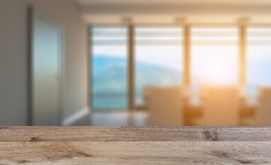 Modern office building interior. 3D rendering.. Sunset.. Background with empty table. Flooring.